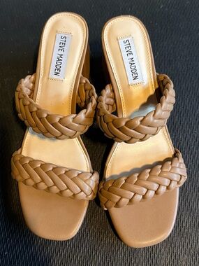 Steve Madden Braided Two-Strap Tan Slide Mules